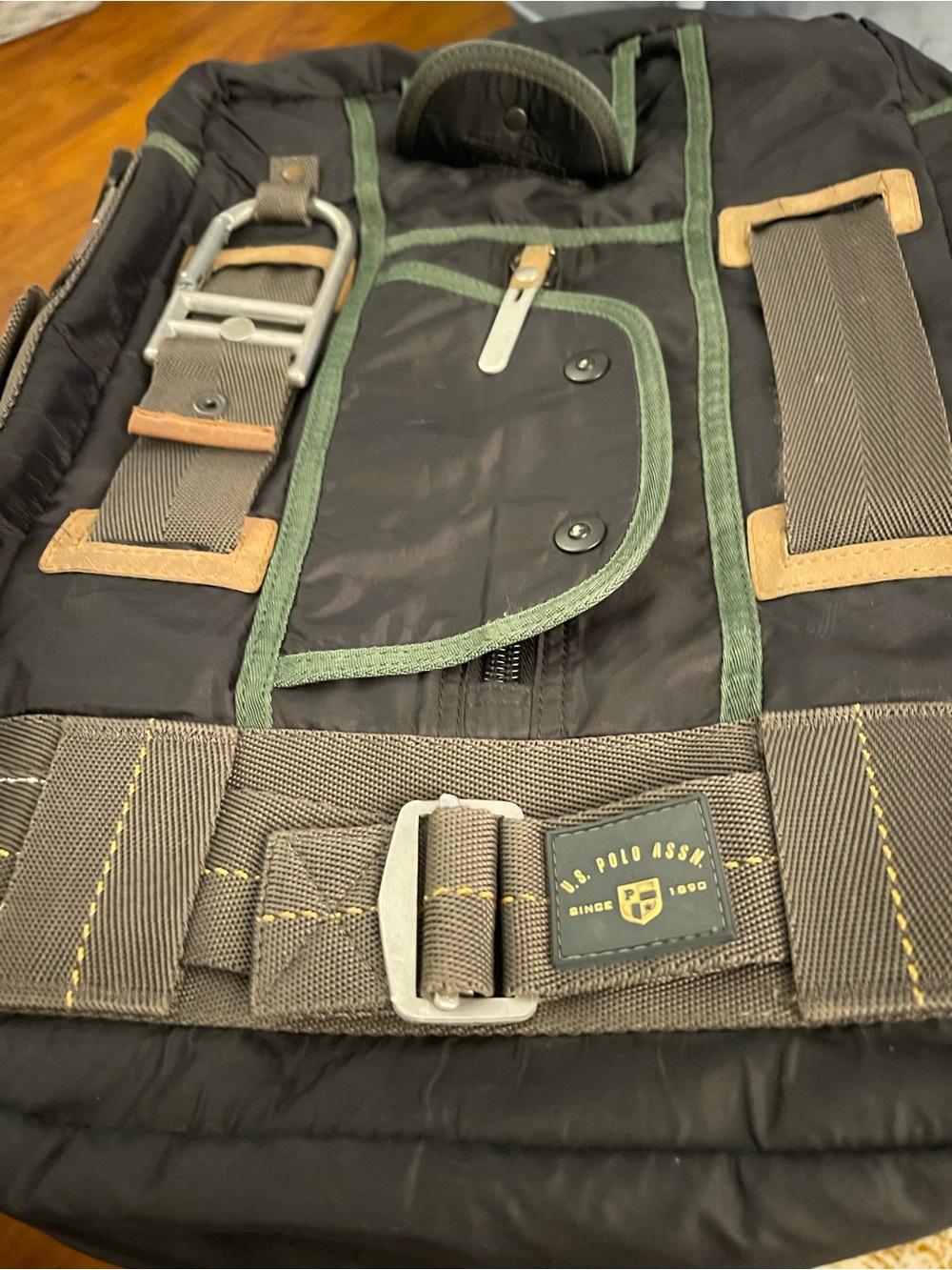 U.S. Polo Assn. Black and Olive Men’s Canvas Backpack with Brown Trim